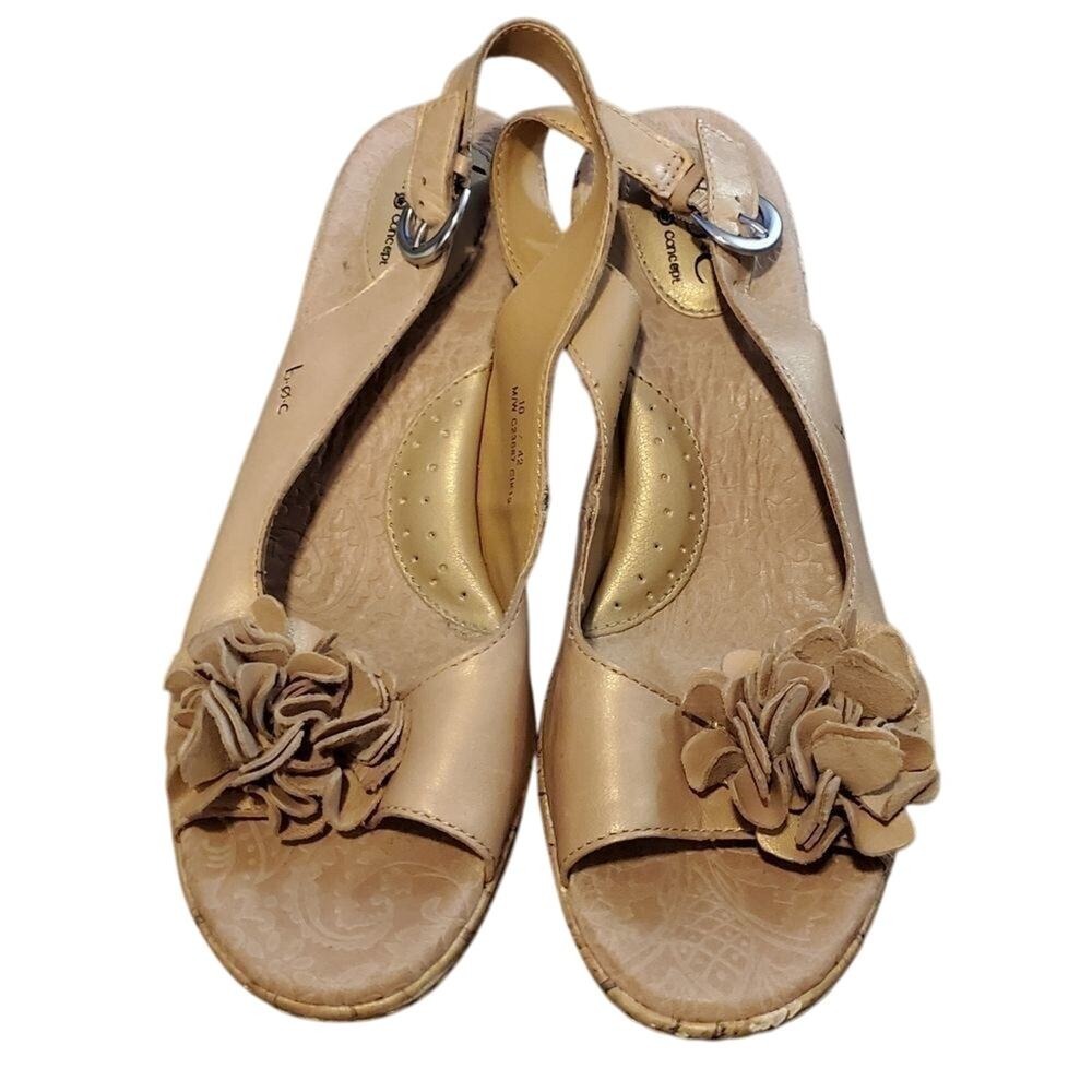 B.O.C Earth Concept Gold Flower Slingback‎ Espadrille Wedge Sandals Size 9